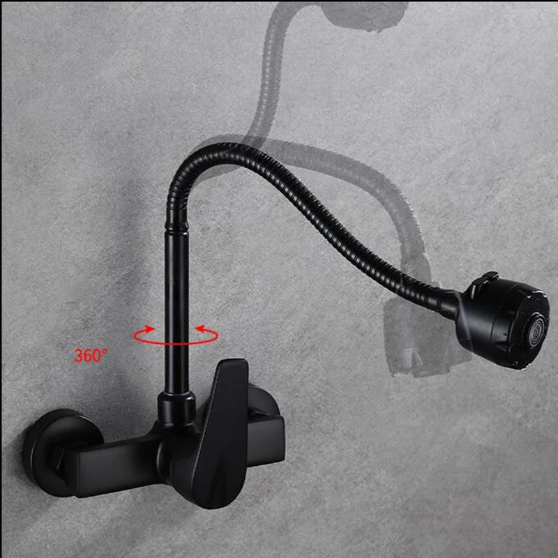 Wall Mounted Brushed Kitchen Faucet - Black Finish with 360° Rotation Sprayer