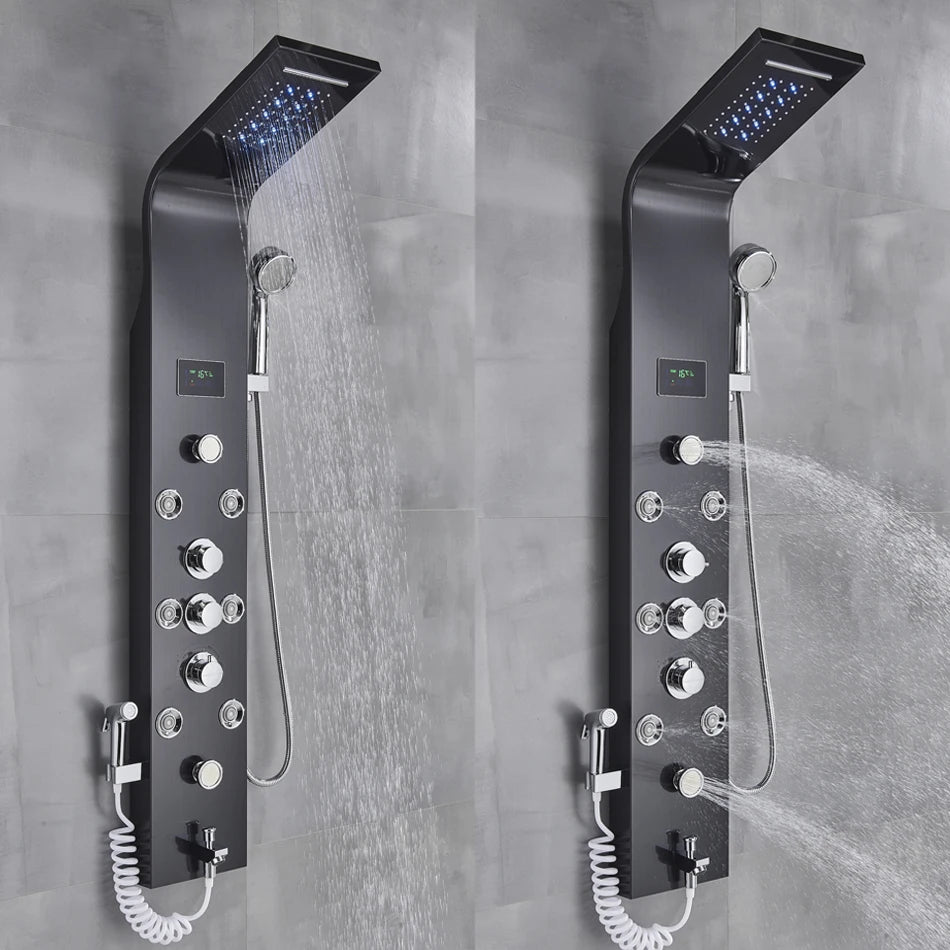 Luxury Black/Brushed Bathroom Shower Faucet LED Rainfall Shower Panel System with Massage Spa and Temperature Screen