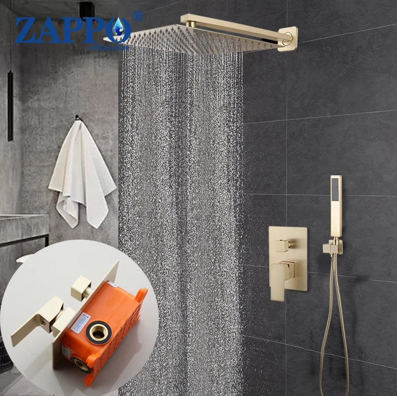 Luxury Brushed Gold Rainfall Bathroom Shower Set Wall Mounted Solid Brass Ultra-thin Square Shower Head Hand Faucets Kits