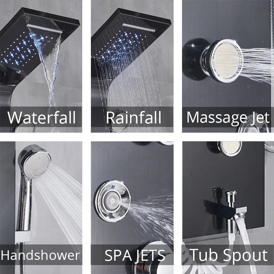 Luxury Black/Brushed Bathroom Shower Faucet LED Rainfall Shower Panel System with Massage Spa and Temperature Screen