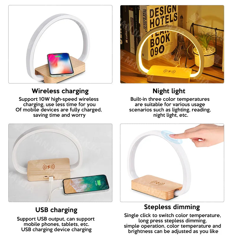 Wireless Charging Bedside LED Table Lamp with Touch Control Night Light for Reading & Eye Care