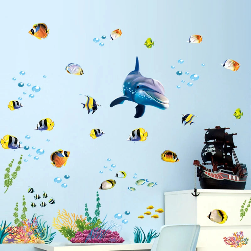 Cute Dolphin Sealife Wall Stickers – Waterproof DIY Mural Art Decals for Bathroom and Kids’ Room Decoration