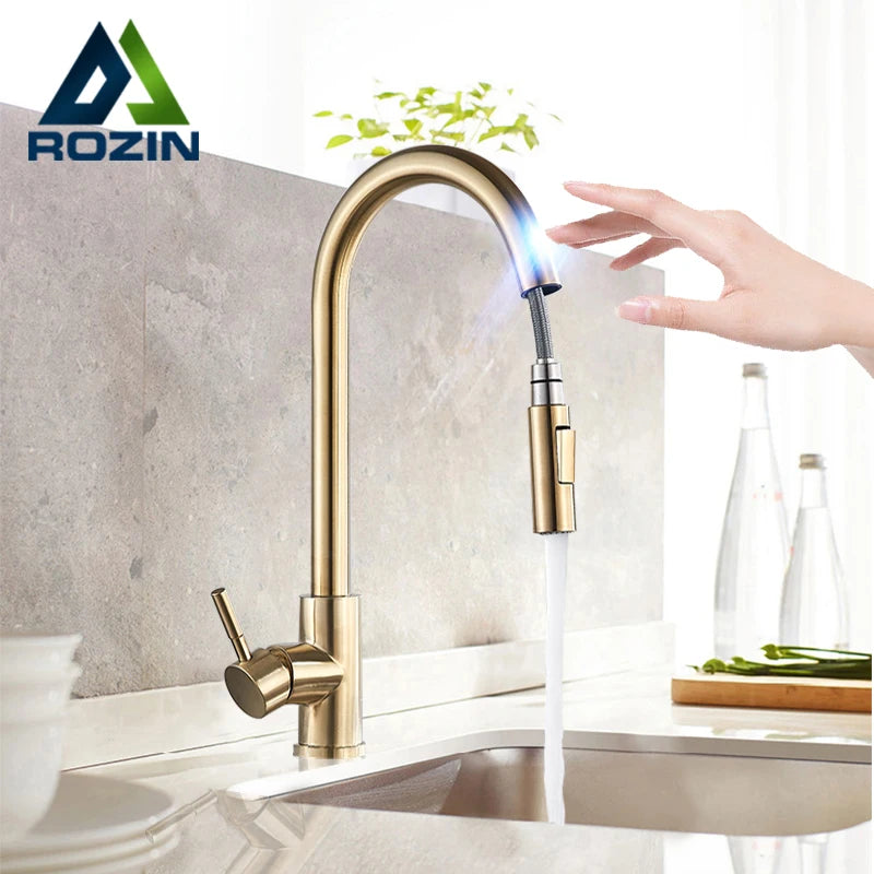 Smart Touch Kitchen Faucet - Brushed Gold Pull-Out Sensor with 360 Rotation