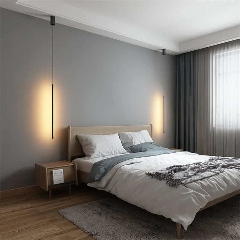 Minimalist Line Strip Pendant Lights LED Hanging Light Fixtures for Bedroom, Bedside, and Living Room