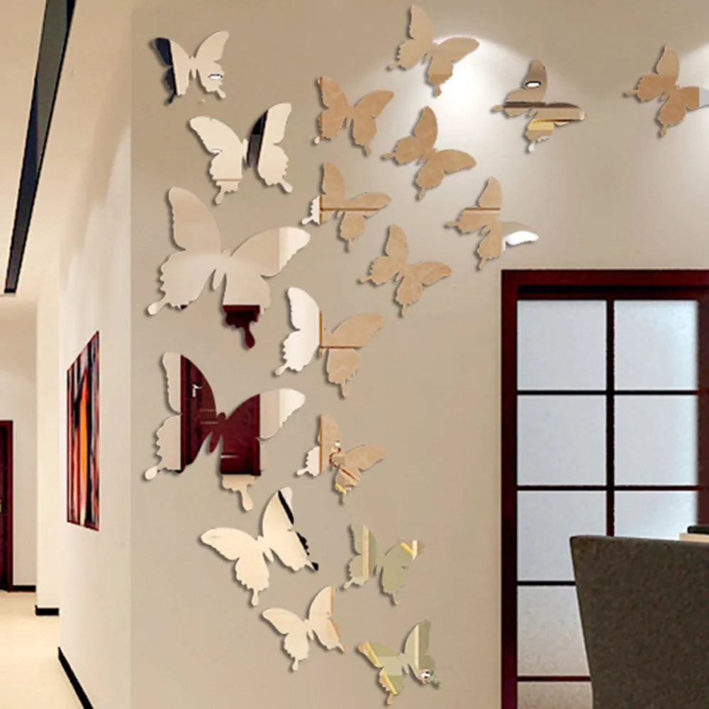 3D Butterfly Mirror Stickers 12pcs – DIY Removable Wall Decals for Home, Kids Room & Party Decor