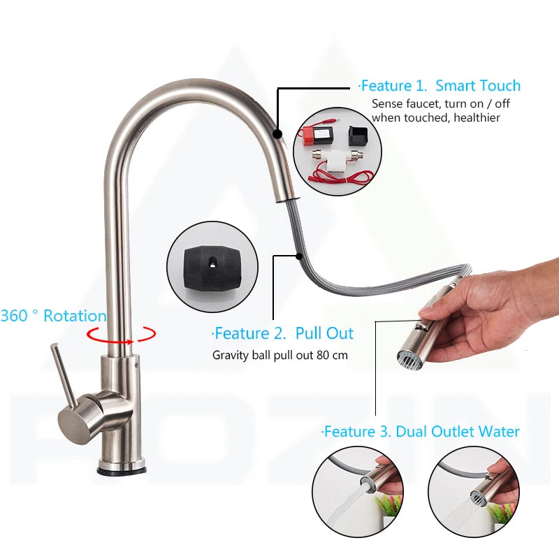 Rozin Smart Touch Kitchen Faucet - Black Pull Out Sensor Faucet, 360 Rotation Mixer Taps