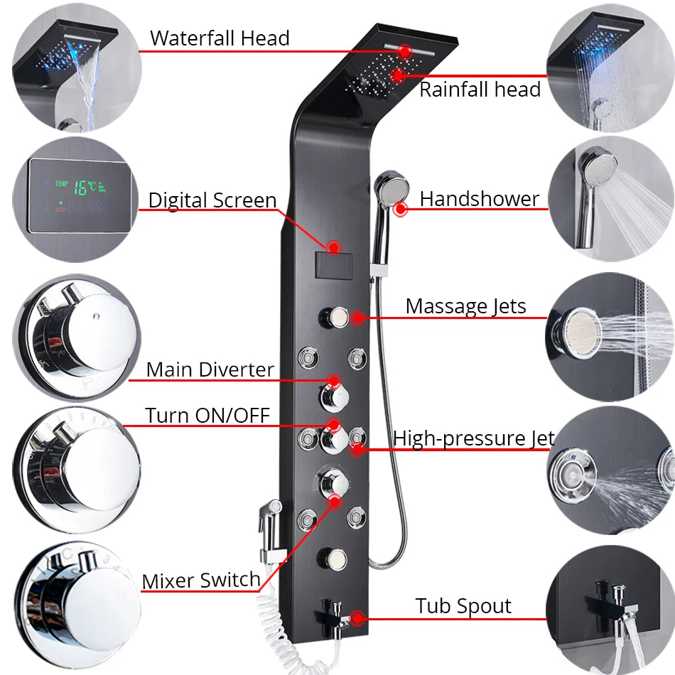 Luxury Black/Brushed Bathroom Shower Faucet LED Rainfall Shower Panel System with Massage Spa and Temperature Screen