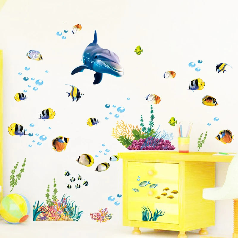 Cute Dolphin Sealife Wall Stickers – Waterproof DIY Mural Art Decals for Bathroom and Kids’ Room Decoration