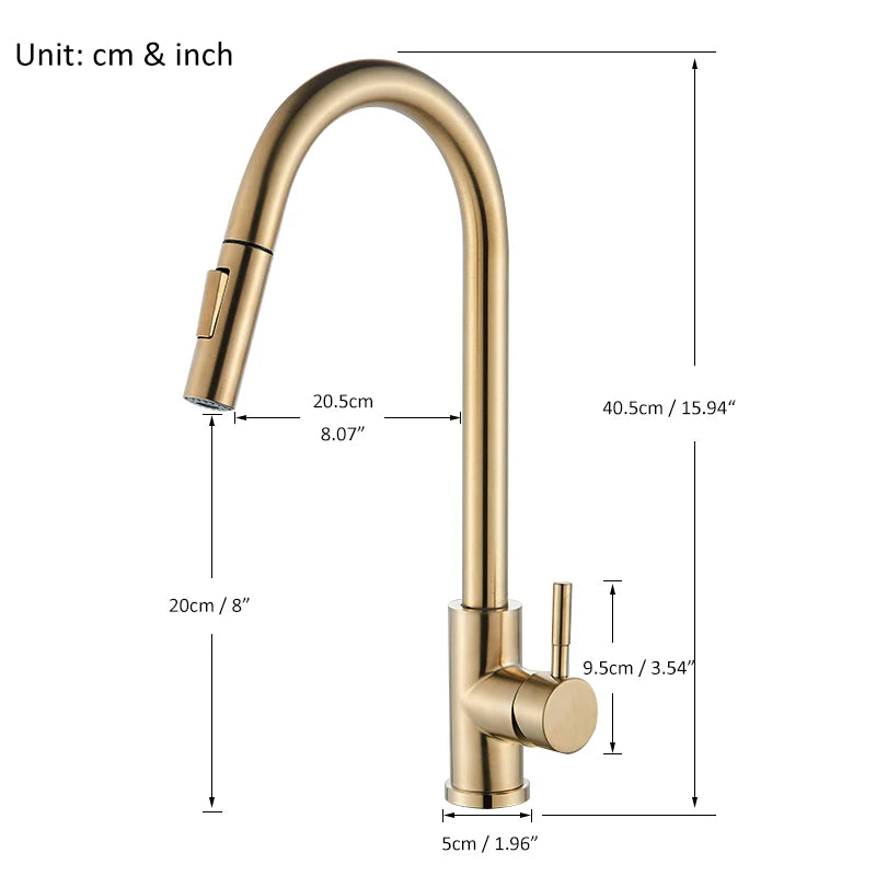 Brushed Gold Pull Out Kitchen Faucet Single Handle Mixer Tap 360° Rotation