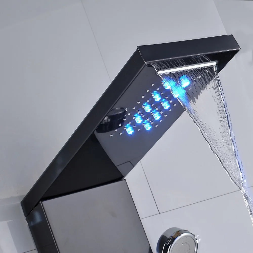 Brushed Nickel ORB Luxury Rain Waterfall Mixer Shower Panel with LED Light and Massage Jets