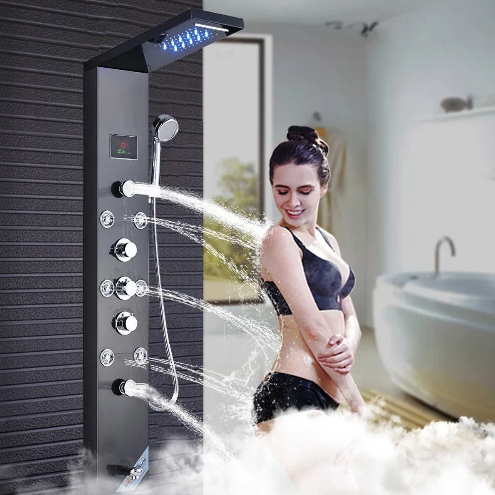 Brushed Nickel ORB Luxury Rain Waterfall Mixer Shower Panel with LED Light and Massage Jets