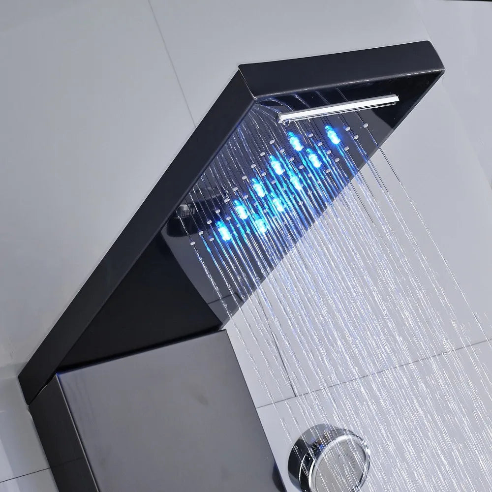 Brushed Nickel ORB Luxury Rain Waterfall Mixer Shower Panel with LED Light and Massage Jets