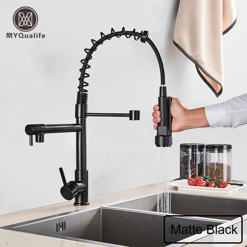 Black Pull Down Brass Kitchen Sink Faucet - Hot Cold Water Mixer Crane Tap with Dual Spout 360° Rotation