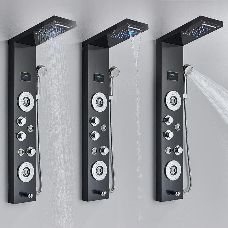 LED Shower Panel Tower with Rainfall, Waterfall, LCD Display, and Massage Spa