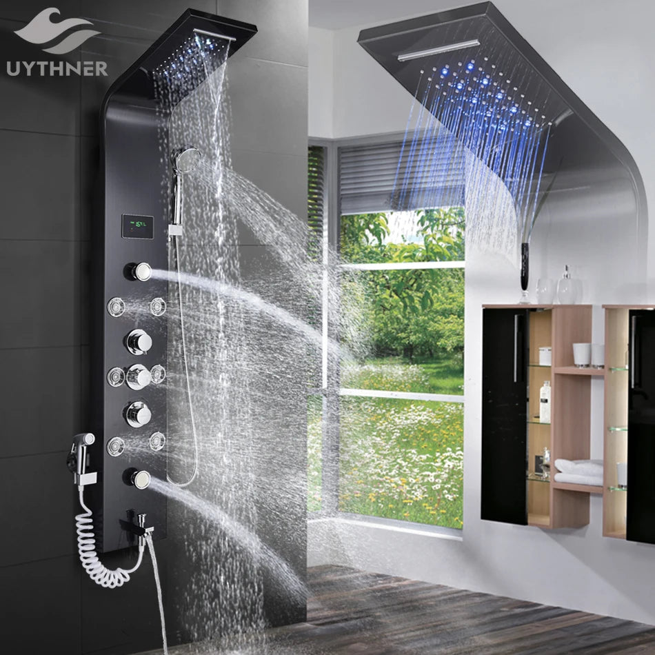 Luxury Black/Brushed Bathroom Shower Faucet LED Rainfall Shower Panel System with Massage Spa and Temperature Screen