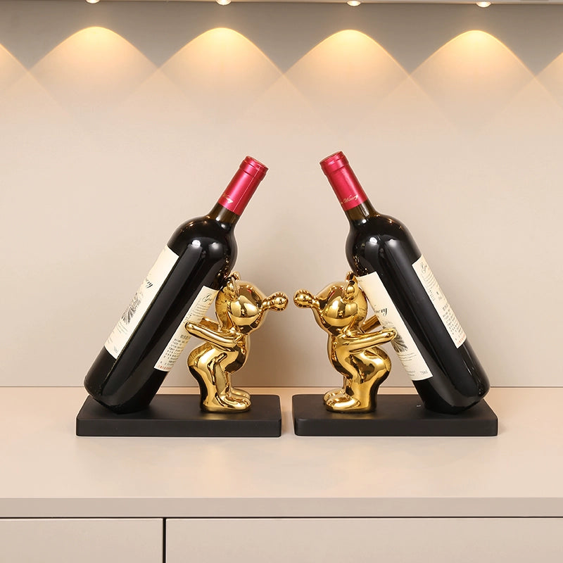 Electroplated Bear Wine Rack – Modern Ceramic and Wood Wine Bottle Holder for Living Room or Bar Decor