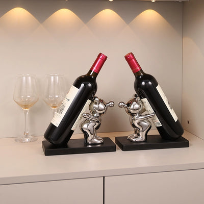 Electroplated Bear Wine Rack – Modern Ceramic and Wood Wine Bottle Holder for Living Room or Bar Decor