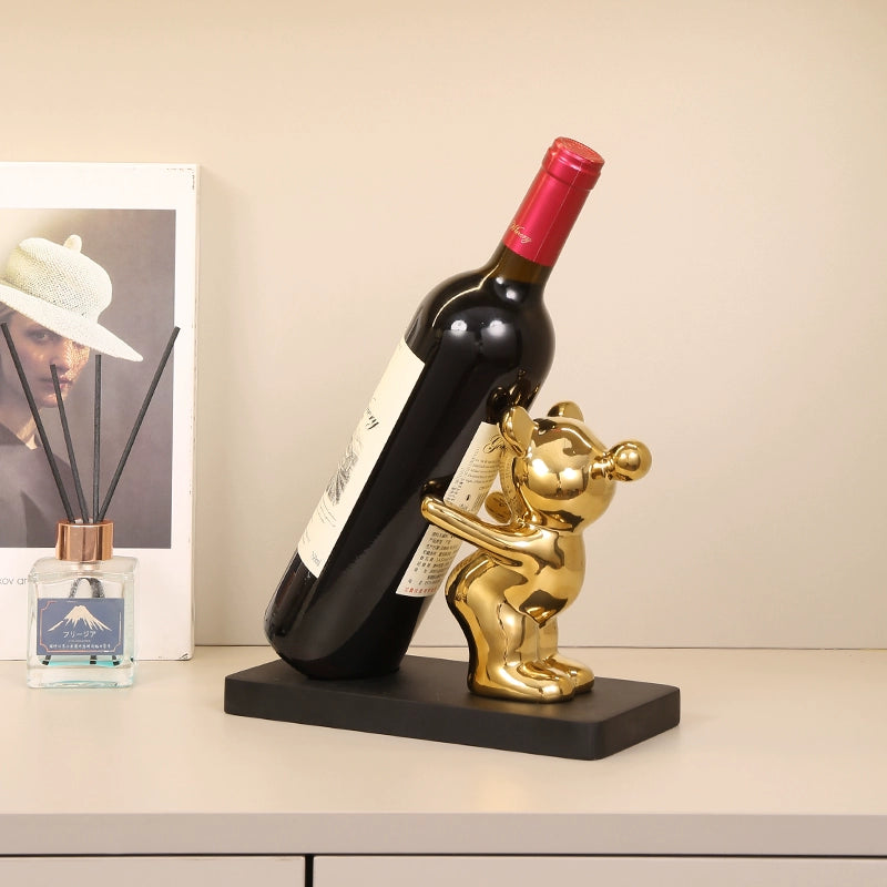 Electroplated Bear Wine Rack – Modern Ceramic and Wood Wine Bottle Holder for Living Room or Bar Decor