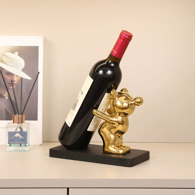 Electroplated Bear Wine Rack – Modern Ceramic and Wood Wine Bottle Holder for Living Room or Bar Decor