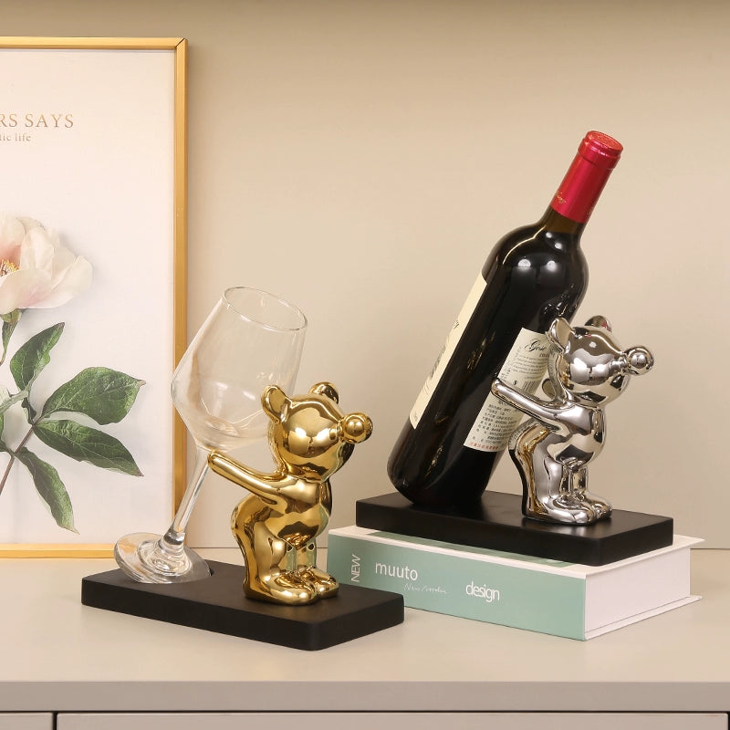 Electroplated Bear Wine Rack – Modern Ceramic and Wood Wine Bottle Holder for Living Room or Bar Decor
