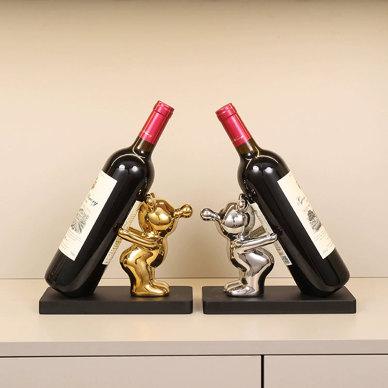 Electroplated Bear Wine Rack – Modern Ceramic and Wood Wine Bottle Holder for Living Room or Bar Decor