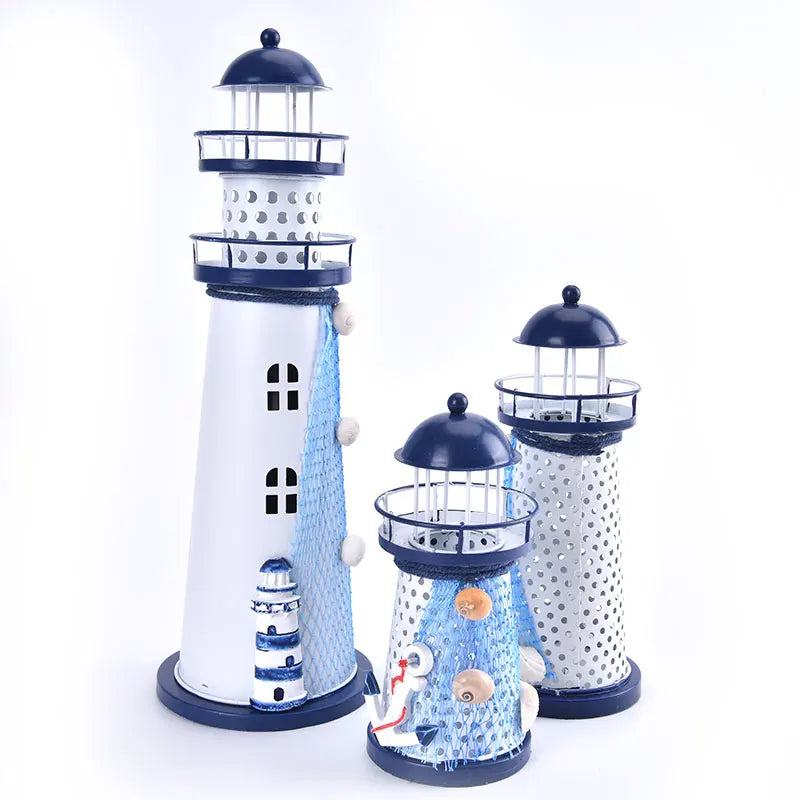 Nautical Lighthouse Ornaments – Metal Beacon Tower Figurines with Fishing Net, Starfish & Shell Accents