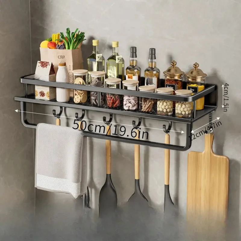 Kitchen Shelf Spice Storage Rack Wall-Mounted with Spatula, Spoon Hooks & Towel Bar