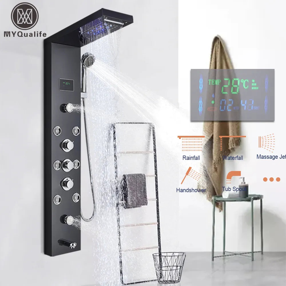 LED Shower Panel with Waterfall Rain, Digital Display, SPA Massage Jets