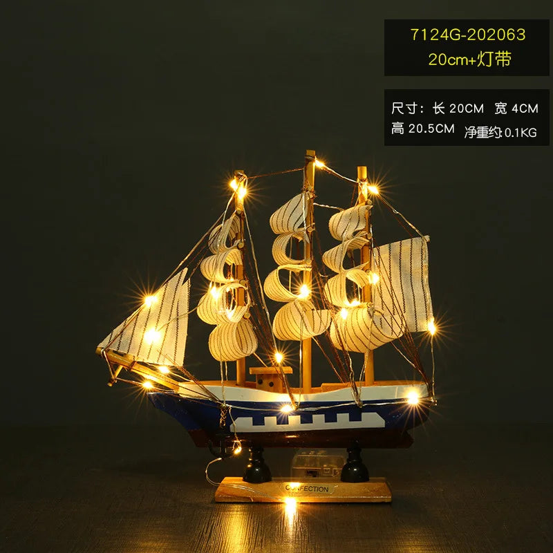 Pirate Ship Sailboat Model Wooden Small Boat Decoration with LED for Cake Ornaments & Tabletop, 16-20cm