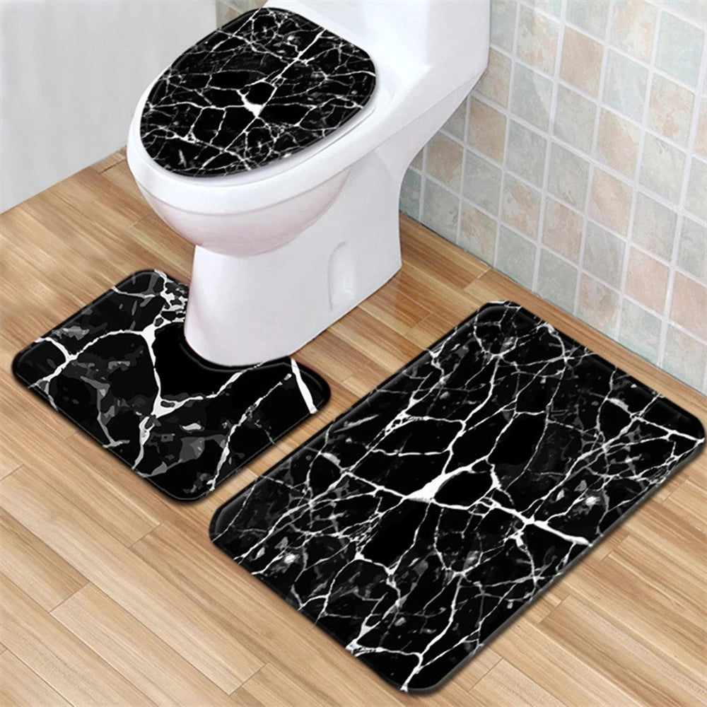 3PCS Marble Bath Mat Set – Anti-Slip Bathroom Rugs with Toilet Lid Cover & Pedestal Rug