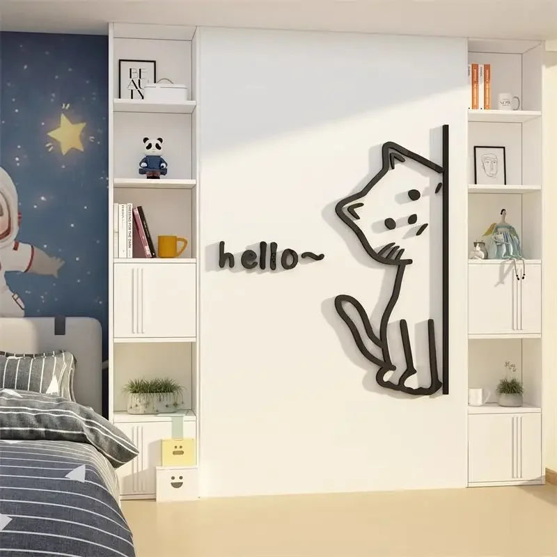 3D Acrylic Hello Bear & Cute Kitten Wall Stickers – Waterproof Animal Decorations for Windows, Doors & Smooth Surfaces