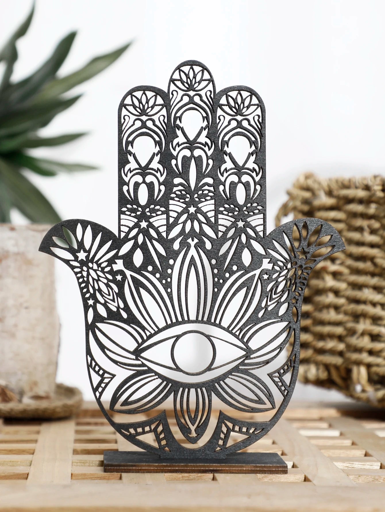 Black Wooden Desk Decor Hamsa Hand & Evil Eye – Home & Office Table Decoration, Hollow Out Desk Accessories