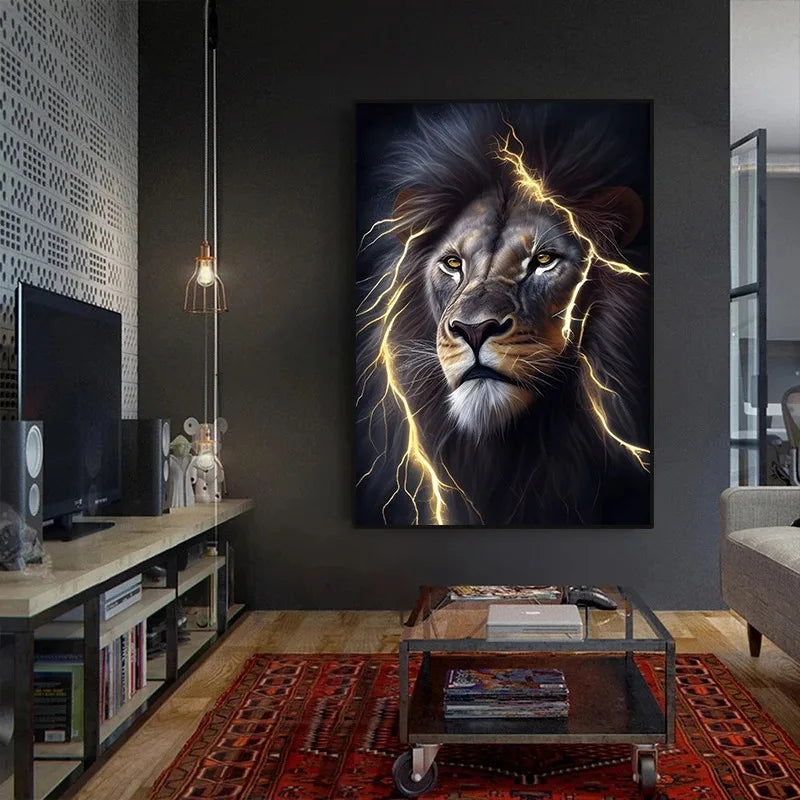 Black and Golden Light Lion Canvas Poster – Modern Animal Wall Art for Living Room