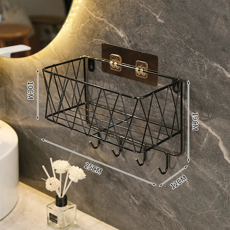 Wall-Mounted Rustproof Bathroom Shelf – No-Drill Iron Storage Rack with Hooks for Toiletries & Shower Essentials