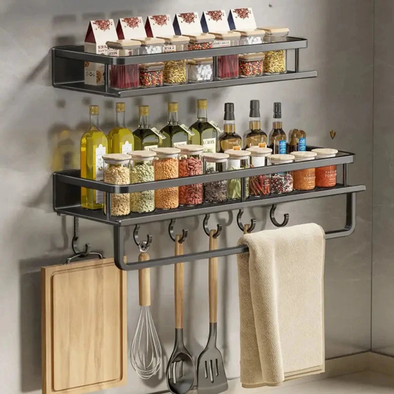 Kitchen Shelf Spice Storage Rack Wall-Mounted with Spatula, Spoon Hooks & Towel Bar