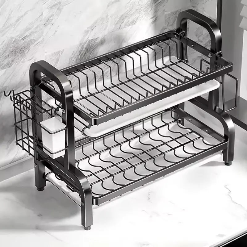 Dish Drying Rack 2-Tier Compact Kitchen Rack Set – Large Rust-Proof Dish Drainer with Utensil Holder