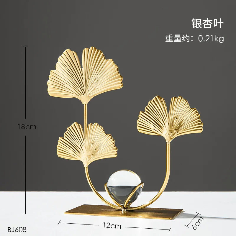 Gold Ginkgo Leaf Iron Crafts – Luxury Crystal Ball Ornaments for Living Room, TV Cabinet & Wine Cabinet Decoration