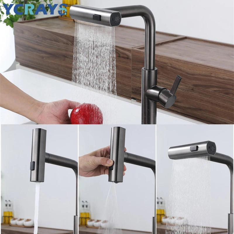 Black Kitchen Faucet Pull-Out Rotation Waterfall Stream Sprayer Head Sink Mixer Brushed Nickel Water Tap Accessory