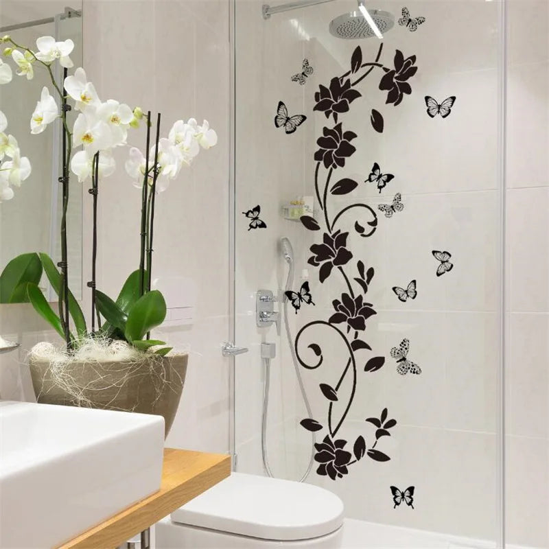 Black Floral Butterfly Wall Sticker – Self-Adhesive Bathroom Door, Bathtub, Bedroom Background Decor