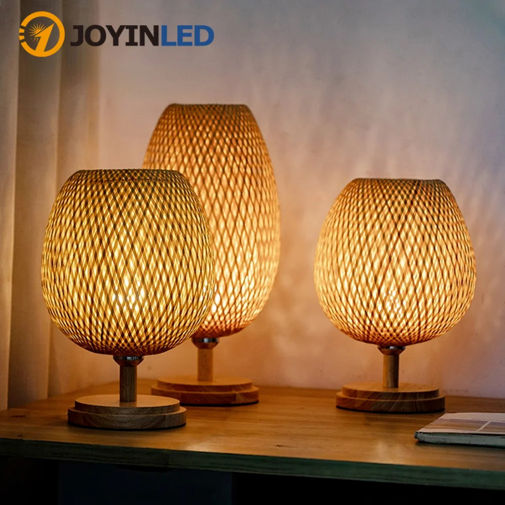 Modern Small Rattan Table Lamp - Stepless Dimmable Nightstand Light