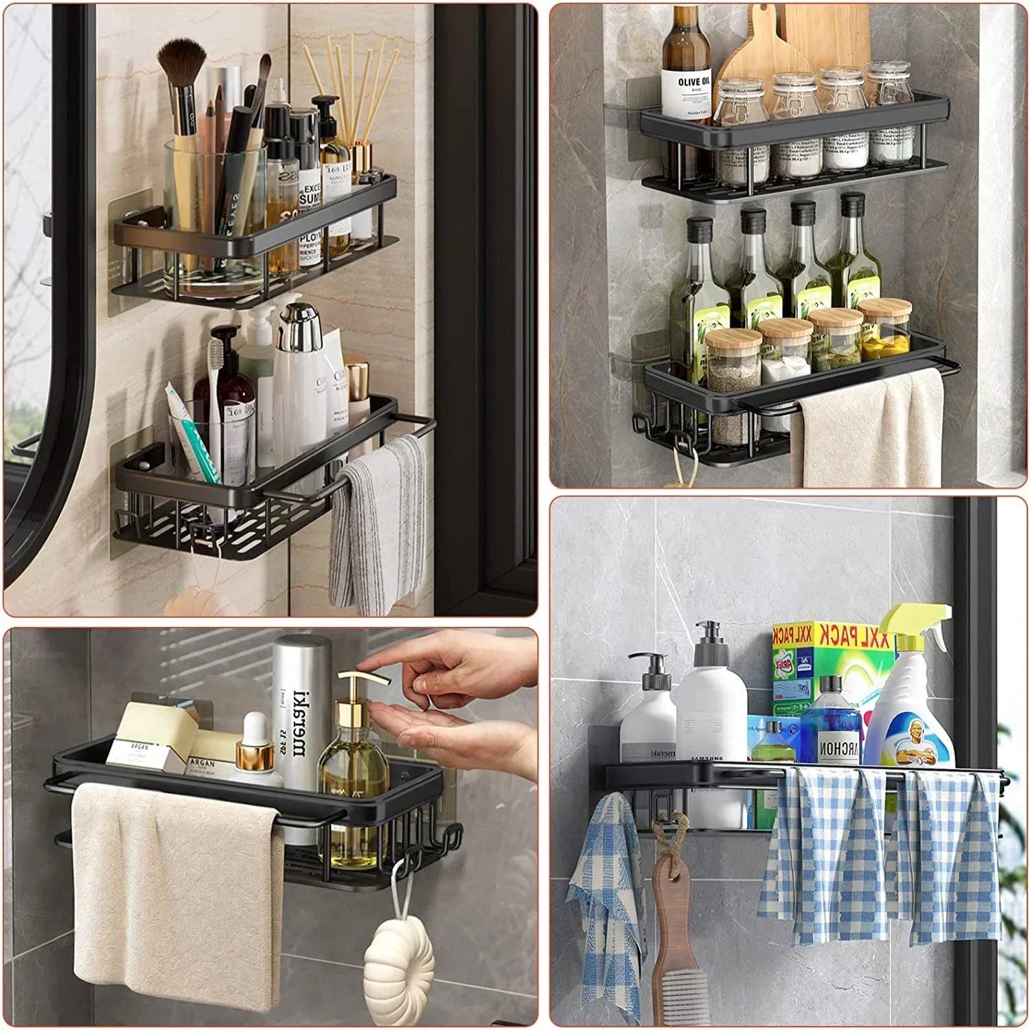 No-Drill Aluminum Bathroom & Kitchen Shelf – Wall-Mounted Shower & Storage Organizer