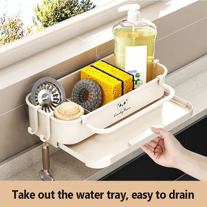 Kitchen Sink Caddy – Sponge Holder with Hooks, Divider & Soap Dispenser Brush Organizer