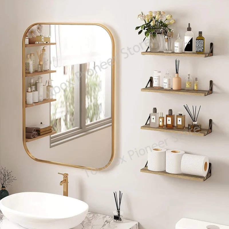 Solid Wood Floating Wall Shelf – Minimalist Wall-Mounted Storage for Bathroom