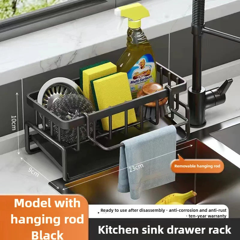 Carbon Steel Kitchen Sink Drain Rack – Sponge & Faucet Storage Organizer