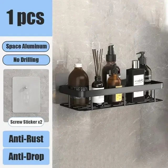 No-Drill Wall-Mounted Bathroom Shelf – Aluminum Shower & Toilet Storage Rack