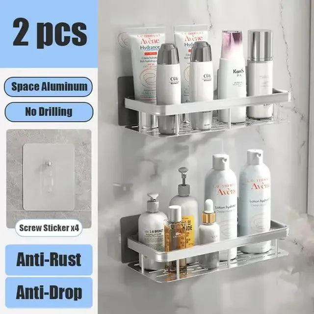 No-Drill Wall-Mounted Bathroom Shelf – Aluminum Shower & Toilet Storage Rack