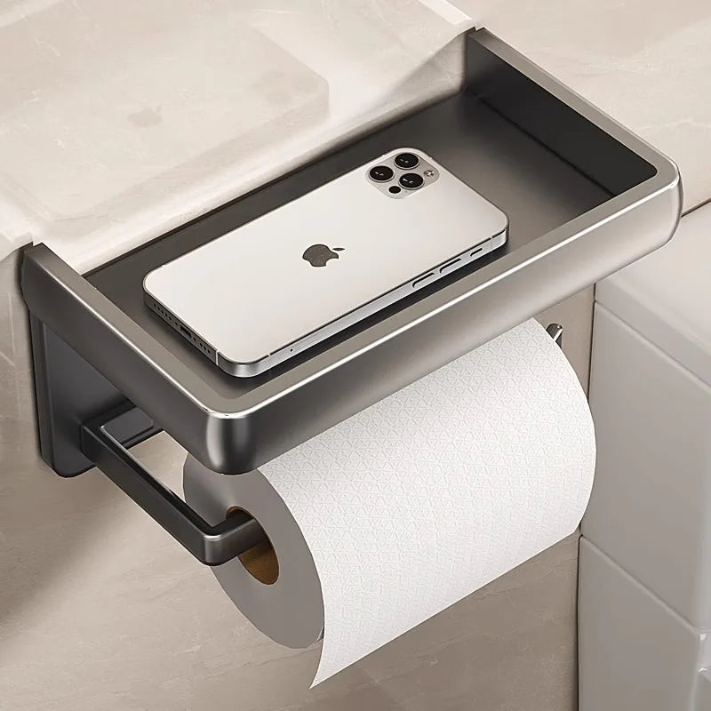 Aluminum Alloy Toilet Paper Holder with Phone Shelf – Wall Mount WC Storage Organizer for Bathroom Accessories