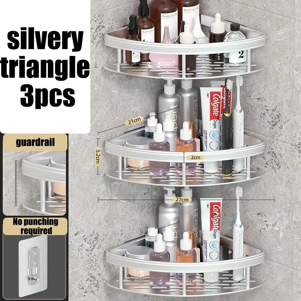 Wall-Mounted Aluminum Shampoo Rack – Bathroom Organizer with Towel Bar & Corner Shelf