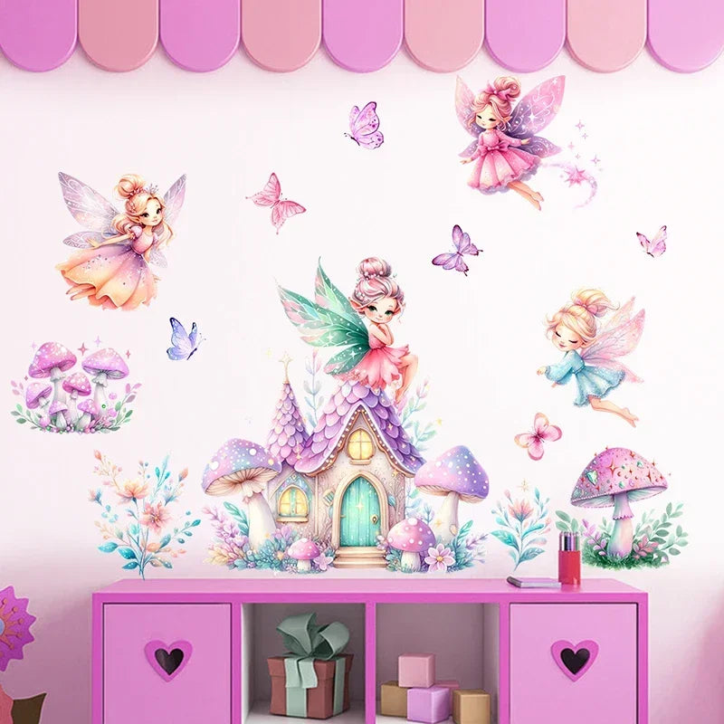 Cute Fairy Wall Stickers – Vinyl Princess & Mushroom Castle Decals for Kids' Nursery & Girls' Bedroom