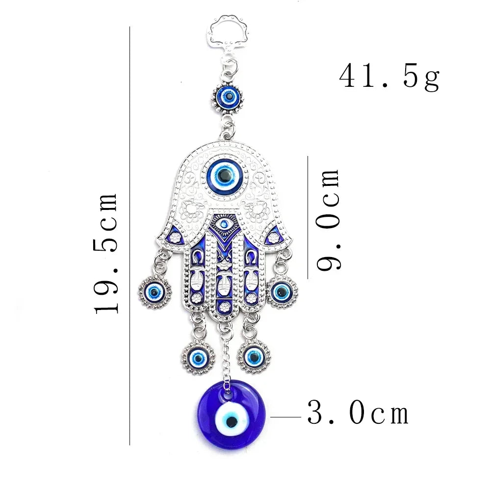 Iron Geometric Wall Hanging – Fatima Hand with Blue Eye Wind Chime for Meditation and Yoga Healing